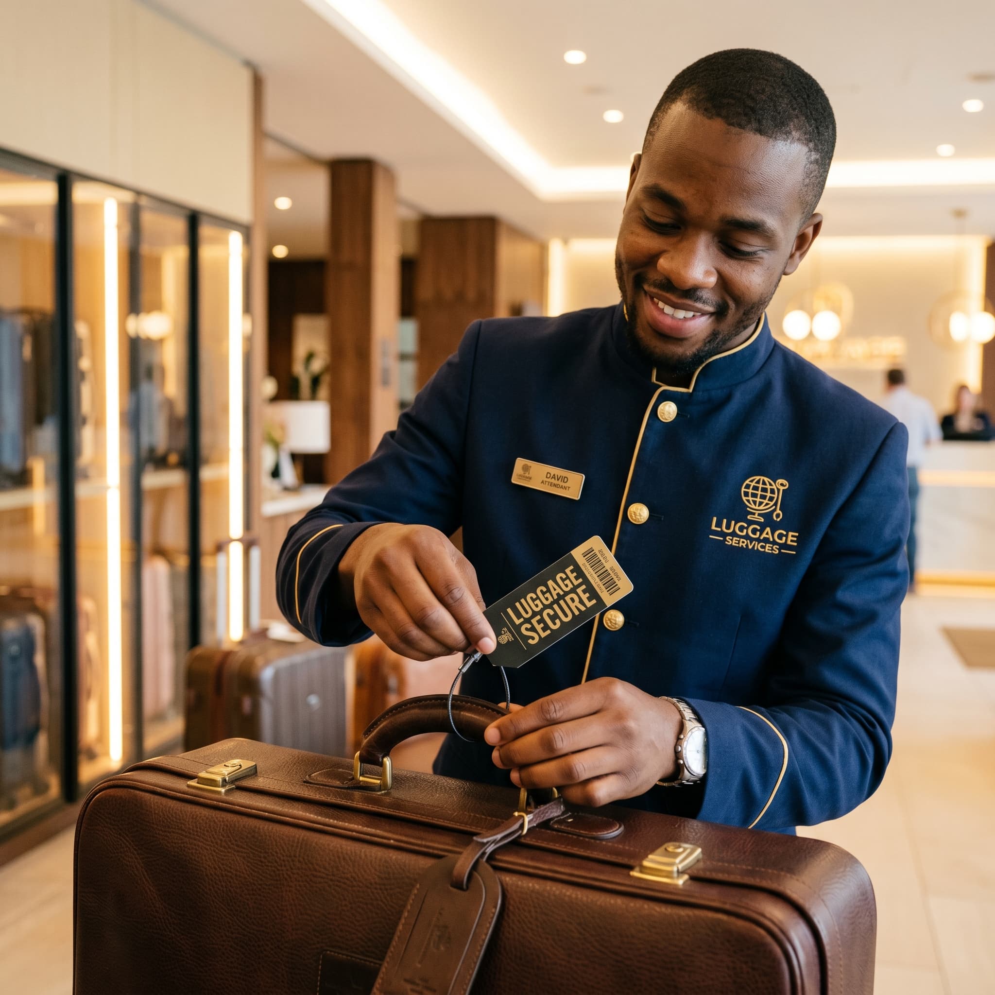 Staff member securely tagging luggage